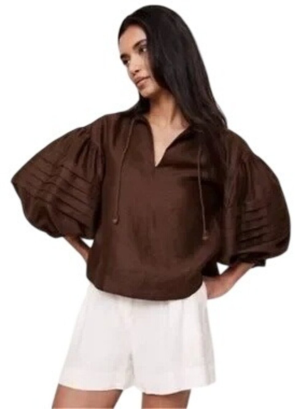 Banana Republic Women's Linen Peasant Blouse Espresso Brown Size XS NWT